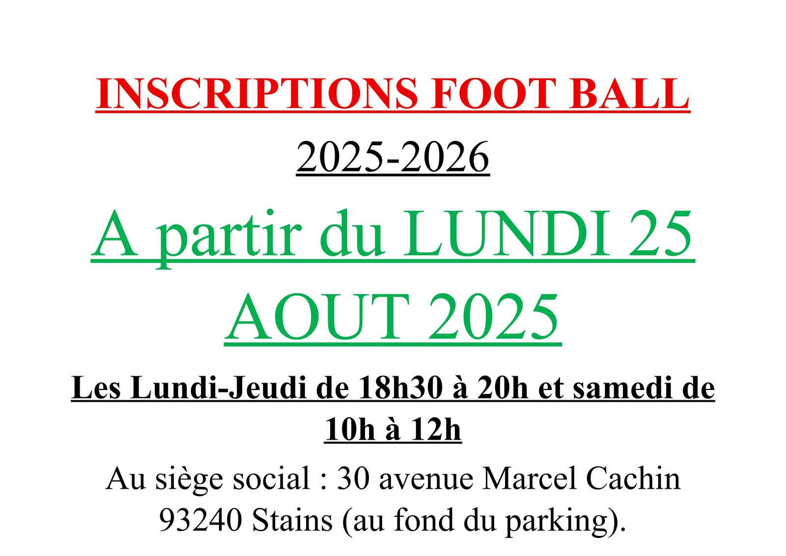 INFORMATIONS INSCRIPTIONS FOOTBALL 2025/2026